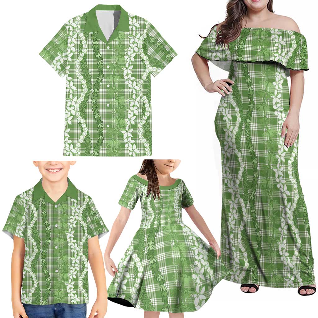Hawaiian Ohia Lehua Lei Family Matching Off Shoulder Maxi Dress and Hawaiian Shirt Plaid Palaka Omaomao Pattern - Polynesian Pride