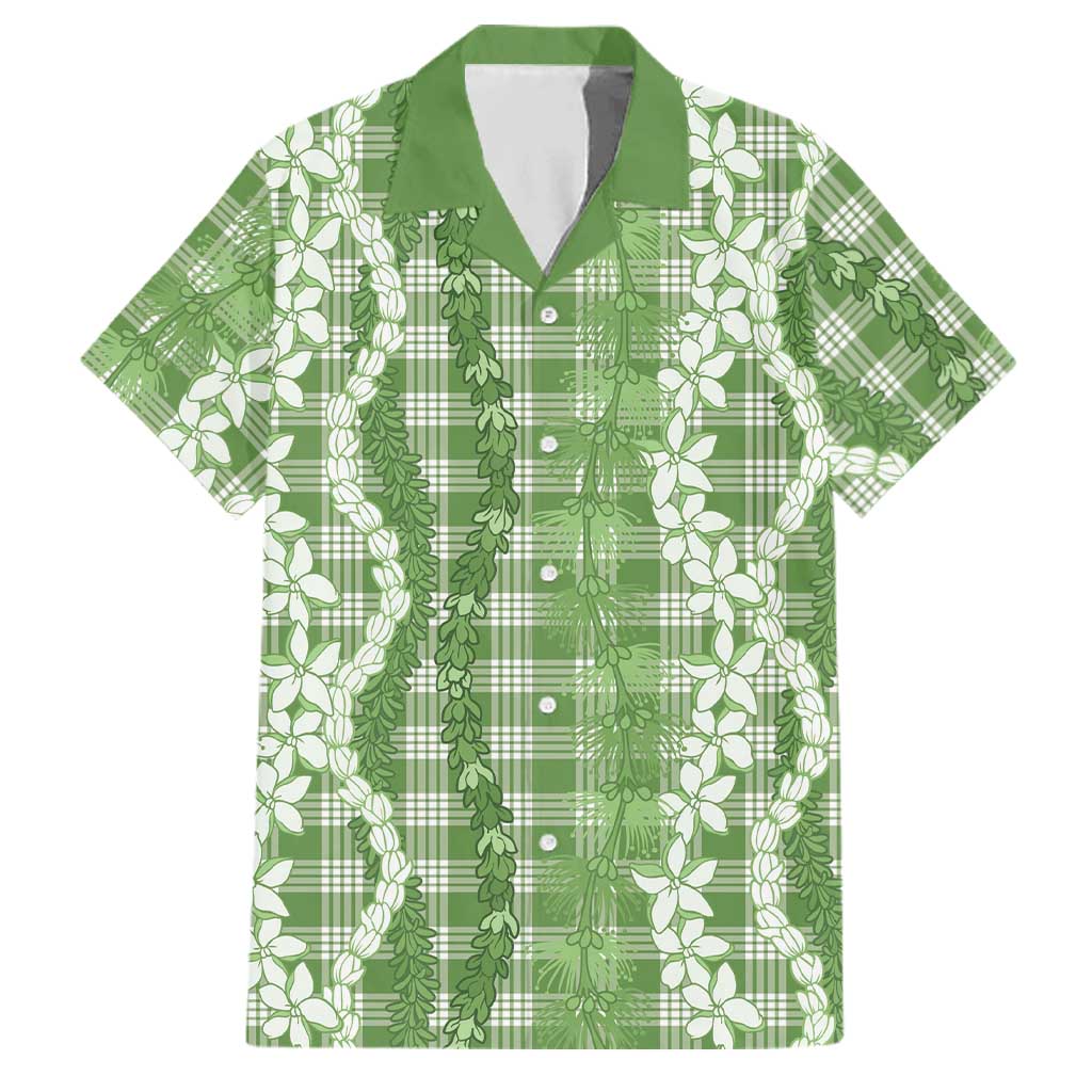 Hawaiian Ohia Lehua Lei Family Matching Off Shoulder Maxi Dress and Hawaiian Shirt Plaid Palaka Omaomao Pattern LT9 Dad's Shirt - Short Sleeve Green - Polynesian Pride