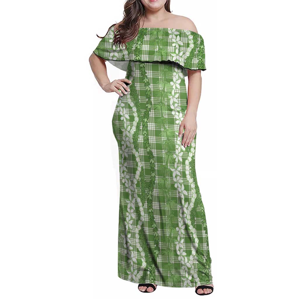 Hawaiian Ohia Lehua Lei Family Matching Off Shoulder Maxi Dress and Hawaiian Shirt Plaid Palaka Omaomao Pattern LT9 Green - Polynesian Pride