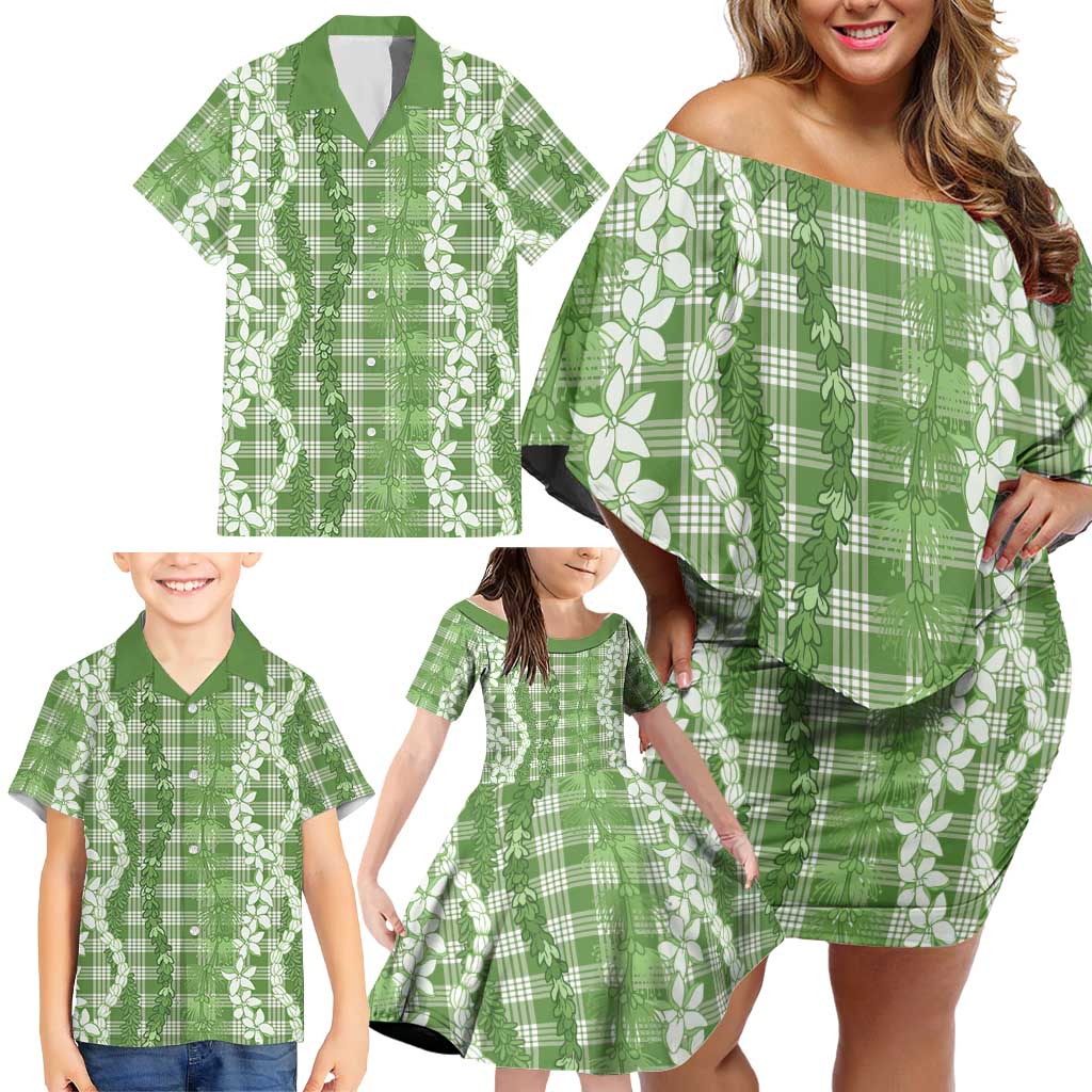 Hawaiian Ohia Lehua Lei Family Matching Off Shoulder Short Dress and Hawaiian Shirt Plaid Palaka Omaomao Pattern LT9 - Polynesian Pride