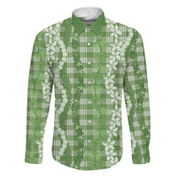 Hawaiian Ohia Lehua Lei Family Matching Off Shoulder Short Dress and Hawaiian Shirt Plaid Palaka Omaomao Pattern LT9 Dad's Shirt - Long Sleeve Green - Polynesian Pride