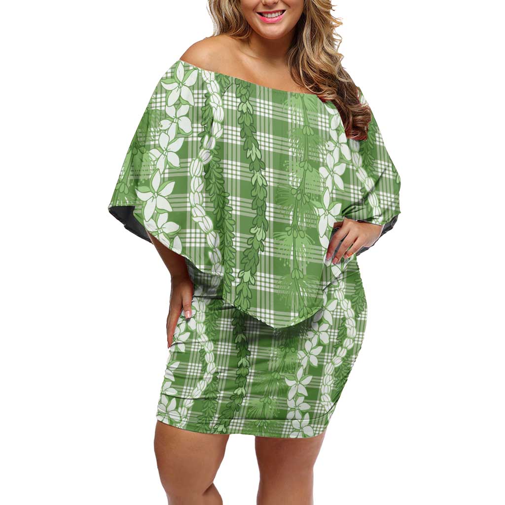 Hawaiian Ohia Lehua Lei Family Matching Off Shoulder Short Dress and Hawaiian Shirt Plaid Palaka Omaomao Pattern LT9 Green - Polynesian Pride