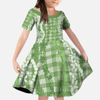 Hawaiian Ohia Lehua Lei Family Matching Summer Maxi Dress and Hawaiian Shirt Plaid Palaka Omaomao Pattern LT9 Daughter's Dress Green - Polynesian Pride