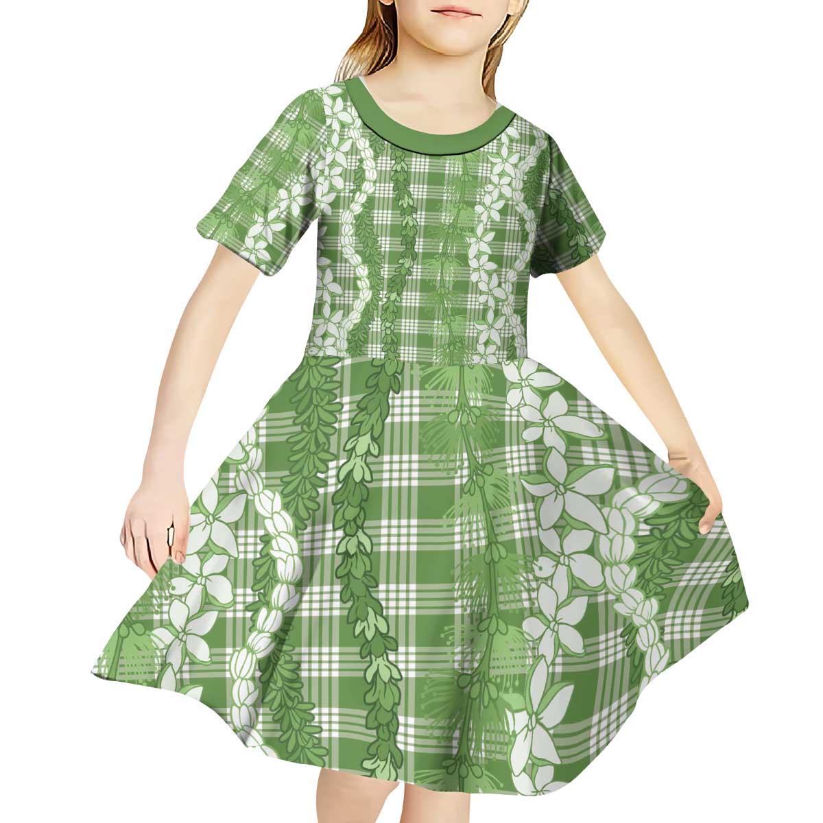Hawaiian Ohia Lehua Lei Kid Short Sleeve Dress Plaid Palaka Omaomao Pattern - Polynesian Pride