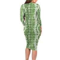Hawaiian Ohia Lehua Lei Long Sleeve Bodycon Dress Plaid Palaka Omaomao Pattern - Polynesian Pride