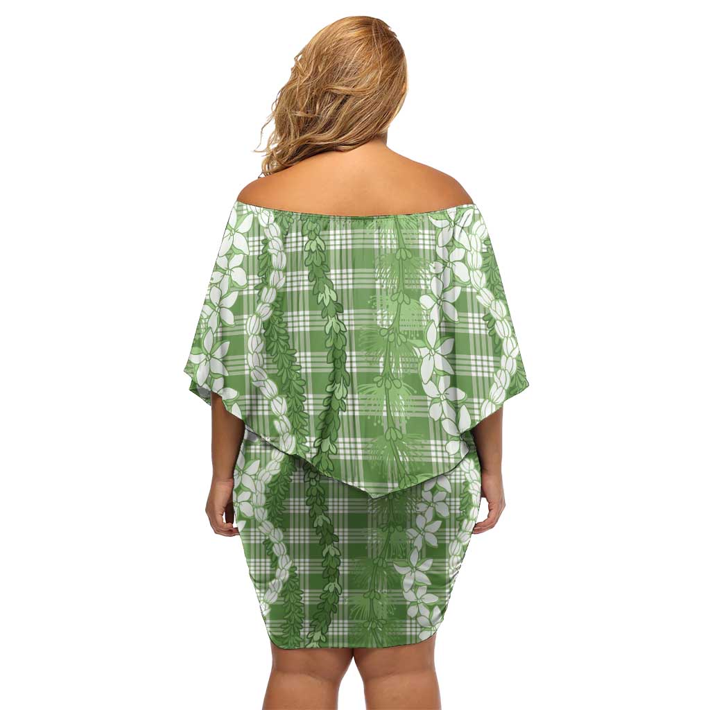 Hawaiian Ohia Lehua Lei Off Shoulder Short Dress Plaid Palaka Omaomao Pattern - Polynesian Pride