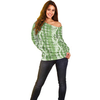 Hawaiian Ohia Lehua Lei Off Shoulder Sweater Plaid Palaka Omaomao Pattern - Polynesian Pride