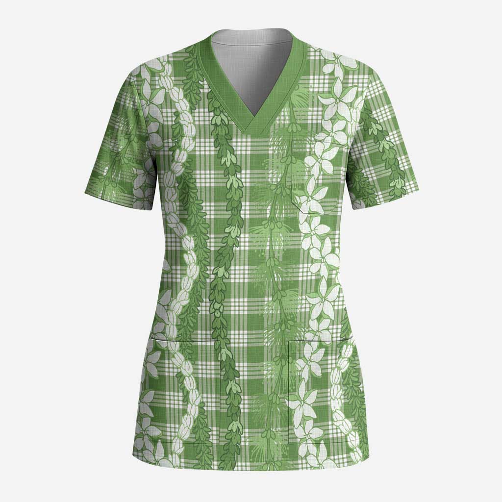 Hawaiian Ohia Lehua Lei Scrub Top Plaid Palaka Omaomao Pattern - Polynesian Pride