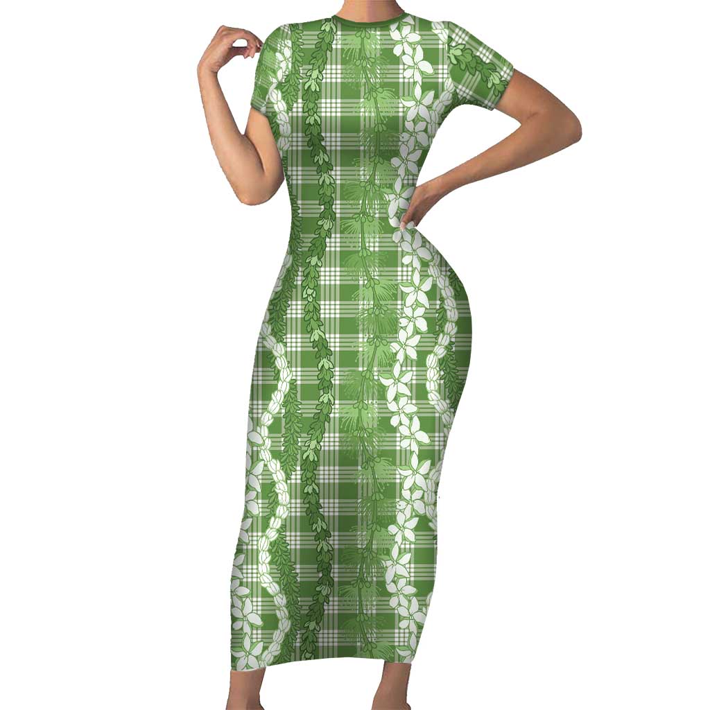 Hawaiian Ohia Lehua Lei Short Sleeve Bodycon Dress Plaid Palaka Omaomao Pattern - Polynesian Pride