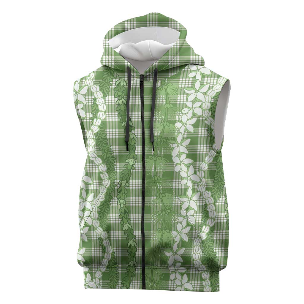 Hawaiian Ohia Lehua Lei Sleeveless Zip Hoodie Plaid Palaka Omaomao Pattern LT9 Green - Polynesian Pride