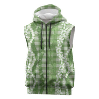Hawaiian Ohia Lehua Lei Sleeveless Zip Hoodie Plaid Palaka Omaomao Pattern LT9 Green - Polynesian Pride