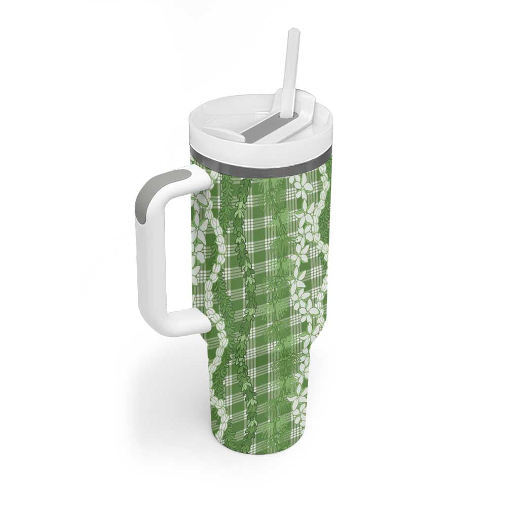 Hawaiian Ohia Lehua Lei Tumbler With Handle Plaid Palaka Omaomao Pattern - Polynesian Pride