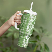 Hawaiian Ohia Lehua Lei Tumbler With Handle Plaid Palaka Omaomao Pattern - Polynesian Pride
