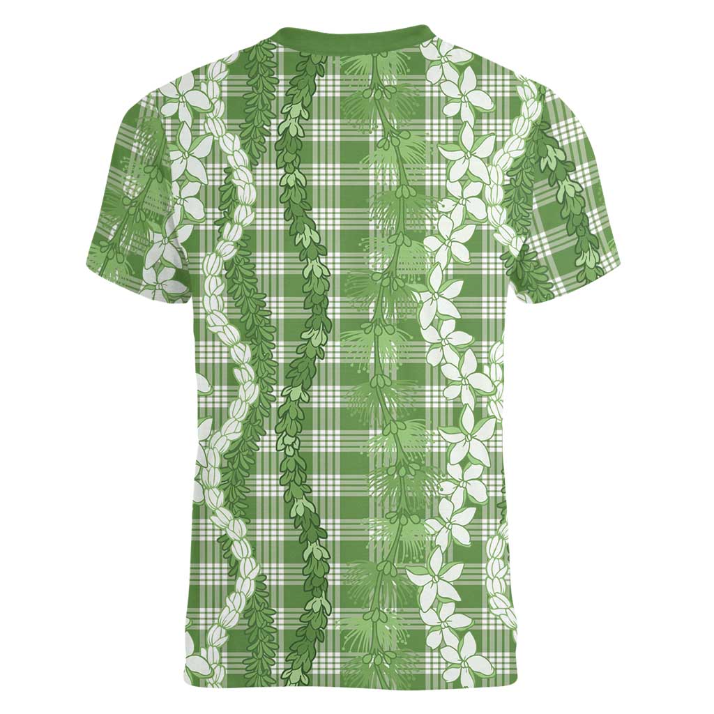 Hawaiian Ohia Lehua Lei Women V-Neck T-Shirt Plaid Palaka Omaomao Pattern - Polynesian Pride