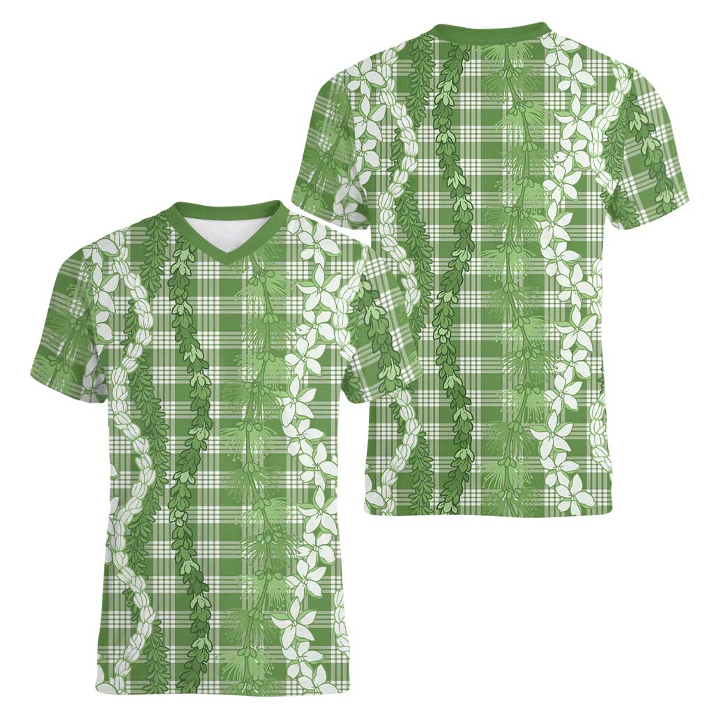 Hawaiian Ohia Lehua Lei Women V-Neck T-Shirt Plaid Palaka Omaomao Pattern - Polynesian Pride