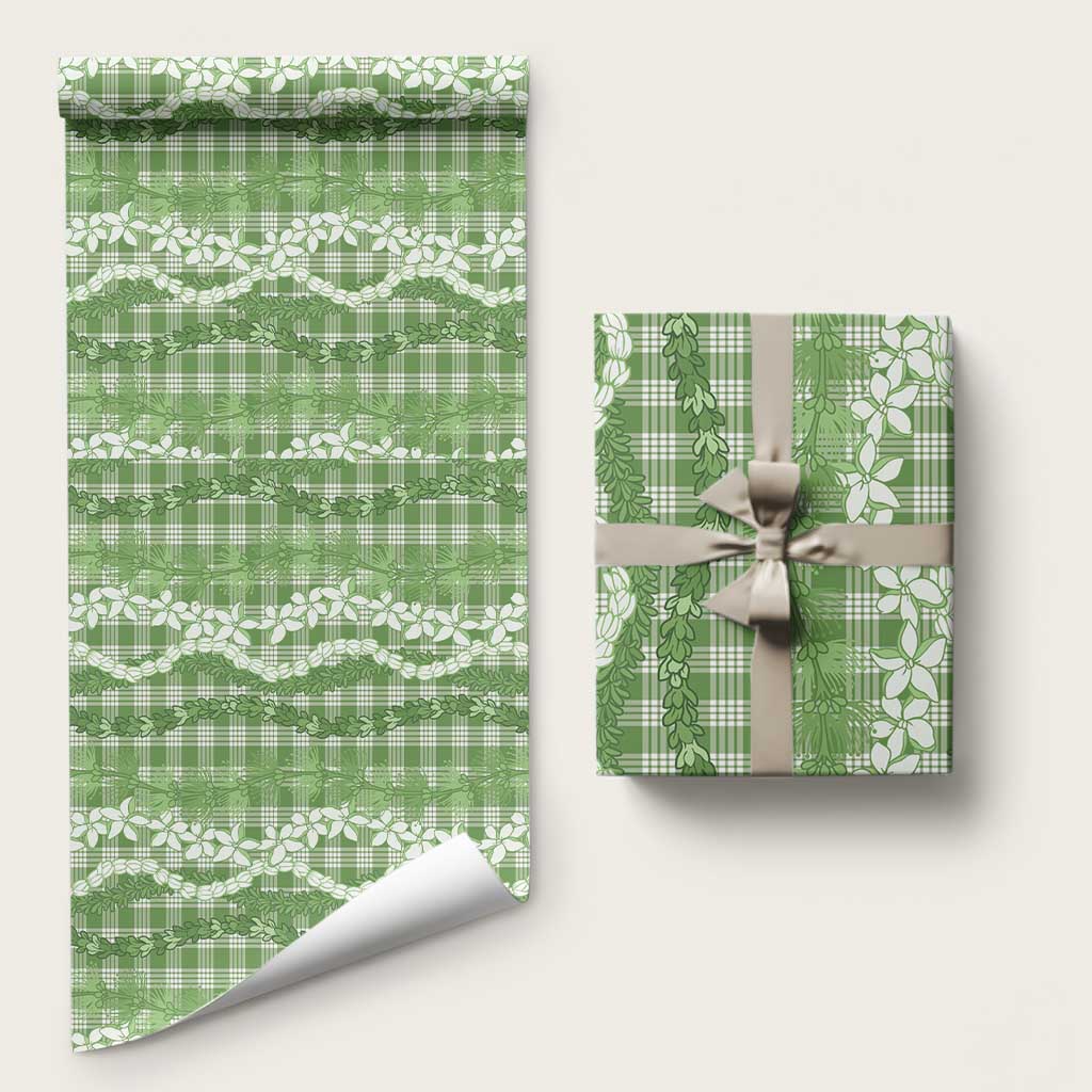 Hawaiian Ohia Lehua Lei Wrapping Paper Plaid Palaka Omaomao Pattern LT9 58" × 23" Green - Polynesian Pride