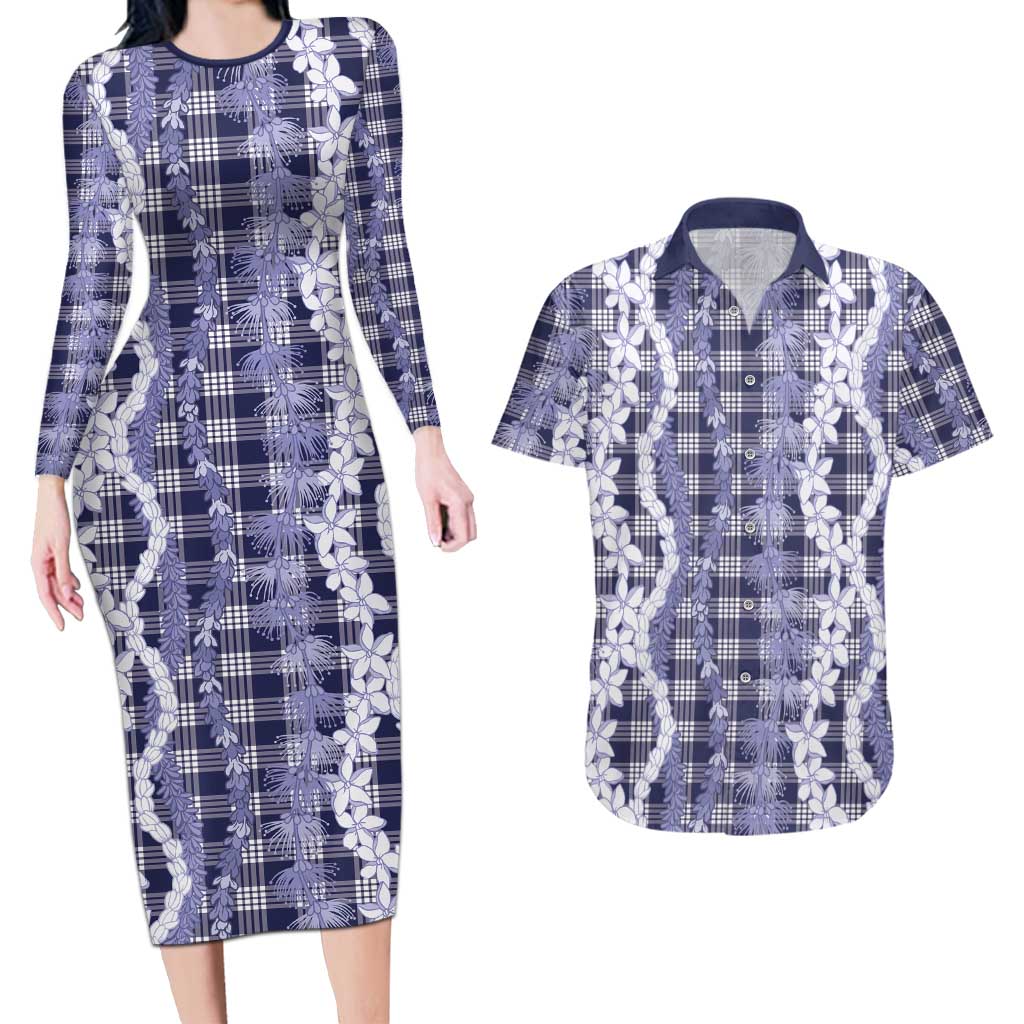 Hawaiian Ohia Lehua Lei Couples Matching Long Sleeve Bodycon Dress and Hawaiian Shirt Plaid Palaka Uliuli hohonu Pattern LT9 Navy - Polynesian Pride