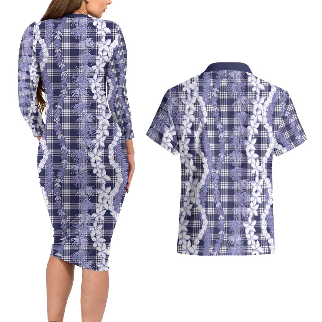 Hawaiian Ohia Lehua Lei Couples Matching Long Sleeve Bodycon Dress and Hawaiian Shirt Plaid Palaka Uliuli hohonu Pattern LT9 - Polynesian Pride