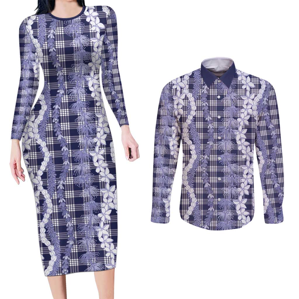 Hawaiian Ohia Lehua Lei Couples Matching Long Sleeve Bodycon Dress and Long Sleeve Button Shirt Plaid Palaka Uliuli hohonu Pattern LT9 Navy - Polynesian Pride