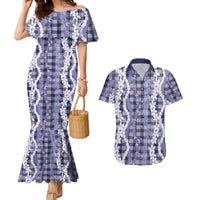 Hawaiian Ohia Lehua Lei Couples Matching Mermaid Dress and Hawaiian Shirt Plaid Palaka Uliuli hohonu Pattern LT9 Navy - Polynesian Pride