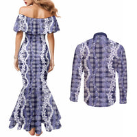 Hawaiian Ohia Lehua Lei Couples Matching Mermaid Dress and Long Sleeve Button Shirt Plaid Palaka Uliuli hohonu Pattern LT9 - Polynesian Pride