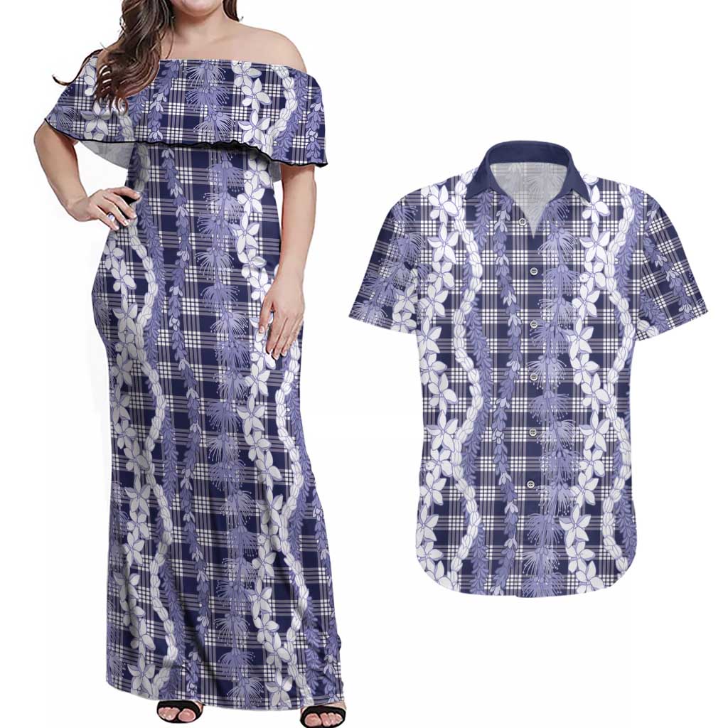 Hawaiian Ohia Lehua Lei Couples Matching Off Shoulder Maxi Dress and Hawaiian Shirt Plaid Palaka Uliuli hohonu Pattern - Polynesian Pride