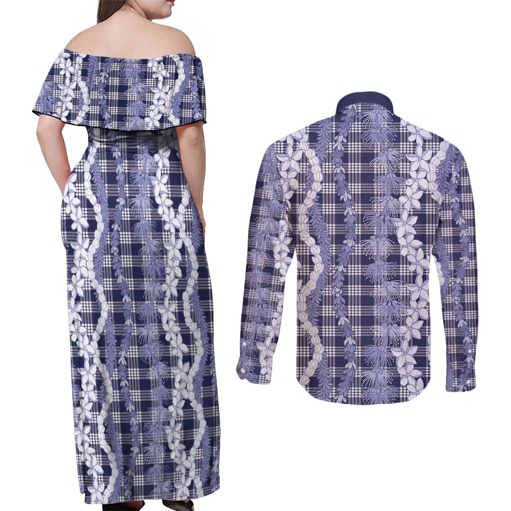 Hawaiian Ohia Lehua Lei Couples Matching Off Shoulder Maxi Dress and Long Sleeve Button Shirt Plaid Palaka Uliuli hohonu Pattern - Polynesian Pride