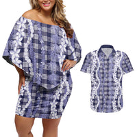 Hawaiian Ohia Lehua Lei Couples Matching Off Shoulder Short Dress and Hawaiian Shirt Plaid Palaka Uliuli hohonu Pattern LT9 Navy - Polynesian Pride