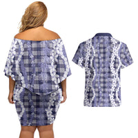 Hawaiian Ohia Lehua Lei Couples Matching Off Shoulder Short Dress and Hawaiian Shirt Plaid Palaka Uliuli hohonu Pattern LT9 - Polynesian Pride