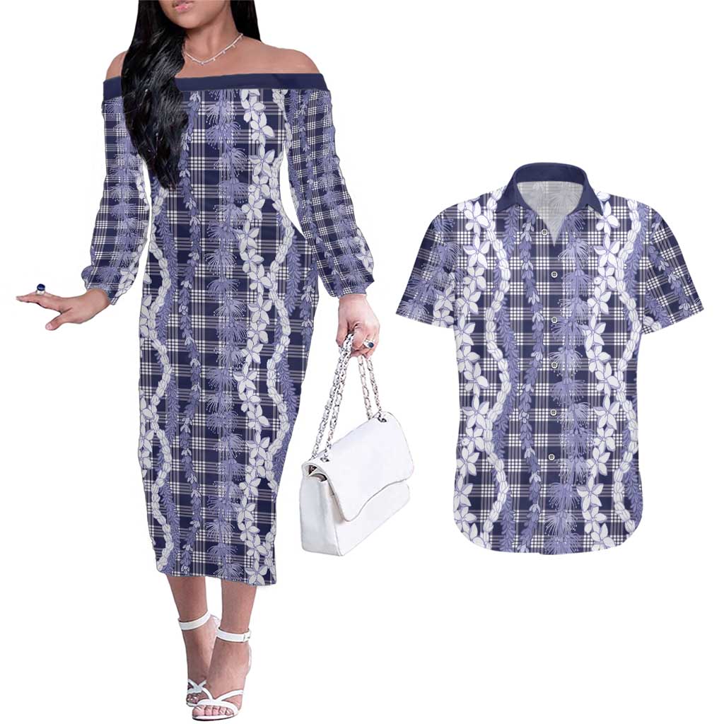 Hawaiian Ohia Lehua Lei Couples Matching Off The Shoulder Long Sleeve Dress and Hawaiian Shirt Plaid Palaka Uliuli hohonu Pattern LT9 Navy - Polynesian Pride