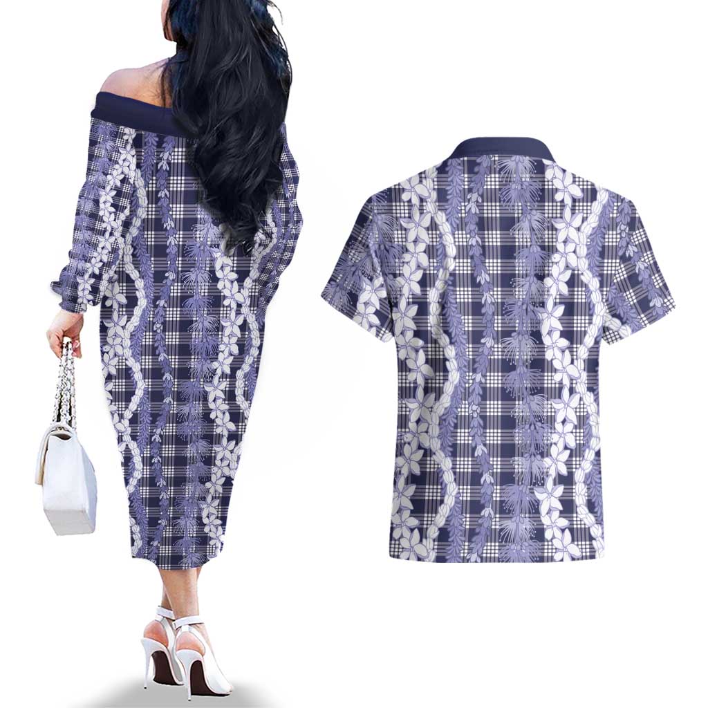 Hawaiian Ohia Lehua Lei Couples Matching Off The Shoulder Long Sleeve Dress and Hawaiian Shirt Plaid Palaka Uliuli hohonu Pattern LT9 - Polynesian Pride