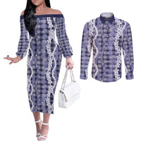 Hawaiian Ohia Lehua Lei Couples Matching Off The Shoulder Long Sleeve Dress and Long Sleeve Button Shirt Plaid Palaka Uliuli hohonu Pattern LT9 Navy - Polynesian Pride