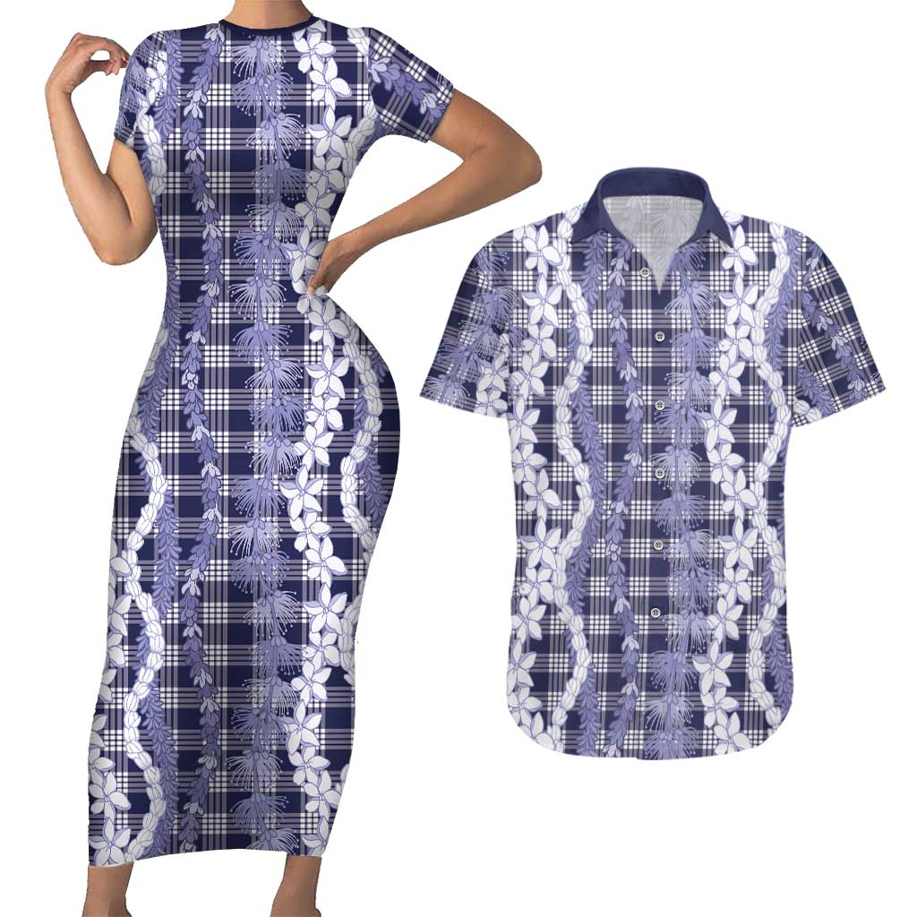 Hawaiian Ohia Lehua Lei Couples Matching Short Sleeve Bodycon Dress and Hawaiian Shirt Plaid Palaka Uliuli hohonu Pattern - Polynesian Pride
