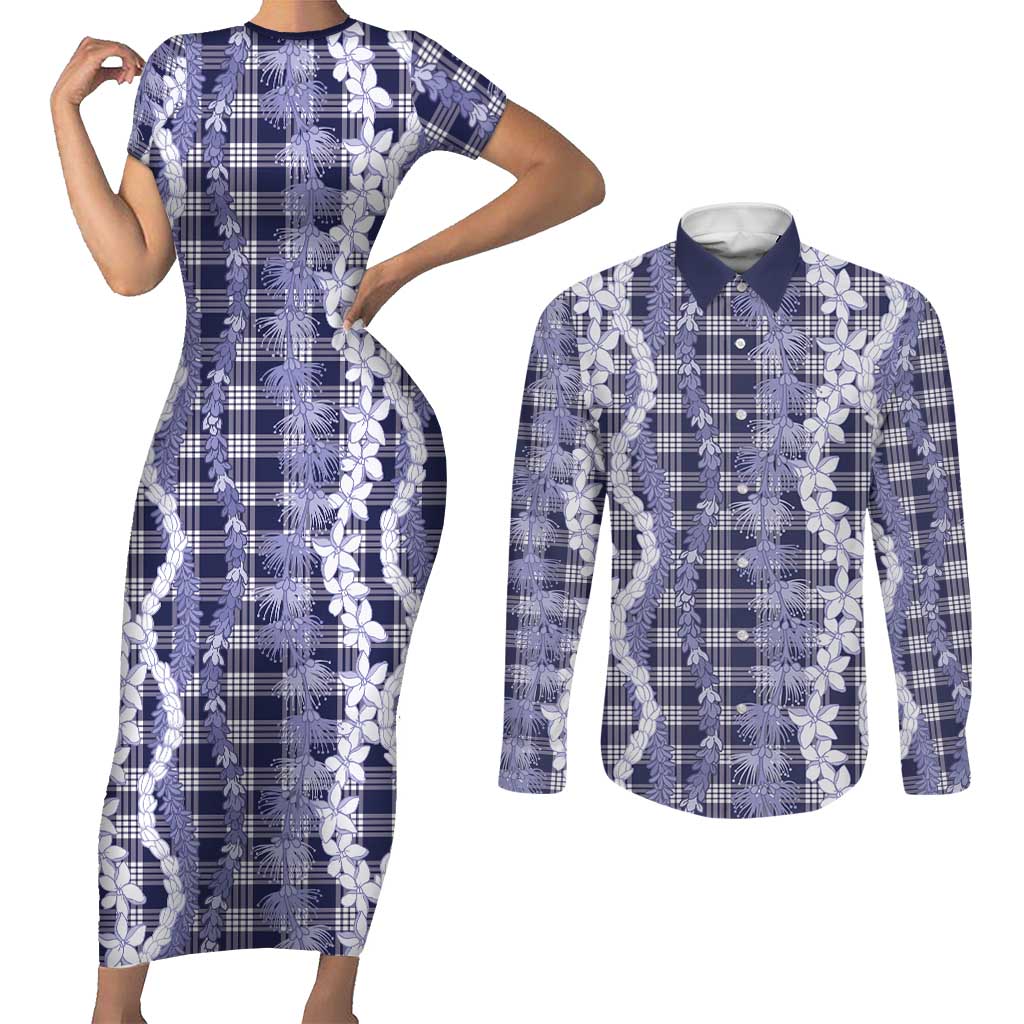Hawaiian Ohia Lehua Lei Couples Matching Short Sleeve Bodycon Dress and Long Sleeve Button Shirt Plaid Palaka Uliuli hohonu Pattern LT9 Navy - Polynesian Pride