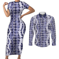 Hawaiian Ohia Lehua Lei Couples Matching Short Sleeve Bodycon Dress and Long Sleeve Button Shirt Plaid Palaka Uliuli hohonu Pattern LT9 Navy - Polynesian Pride
