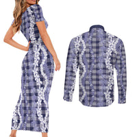 Hawaiian Ohia Lehua Lei Couples Matching Short Sleeve Bodycon Dress and Long Sleeve Button Shirt Plaid Palaka Uliuli hohonu Pattern LT9 - Polynesian Pride
