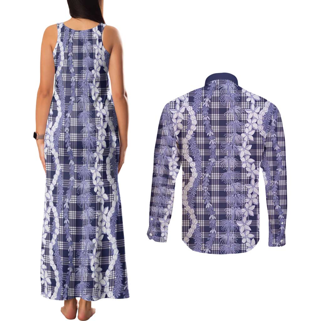 Hawaiian Ohia Lehua Lei Couples Matching Tank Maxi Dress and Long Sleeve Button Shirt Plaid Palaka Uliuli hohonu Pattern LT9 - Polynesian Pride