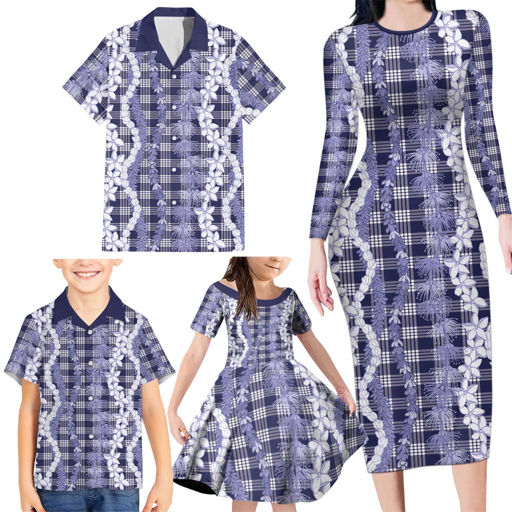 Hawaiian Ohia Lehua Lei Family Matching Long Sleeve Bodycon Dress and Hawaiian Shirt Plaid Palaka Uliuli hohonu Pattern LT9 - Polynesian Pride