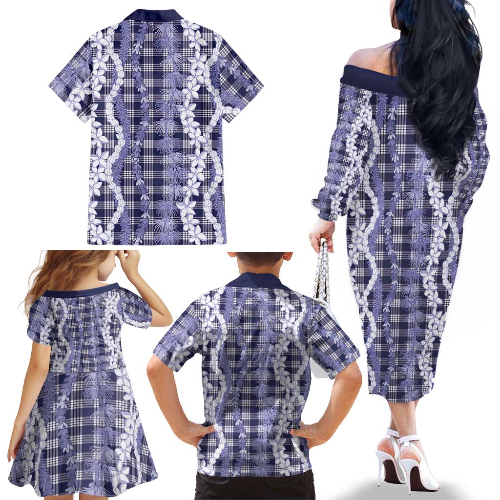 Hawaiian Ohia Lehua Lei Family Matching Off The Shoulder Long Sleeve Dress and Hawaiian Shirt Plaid Palaka Uliuli hohonu Pattern LT9 - Polynesian Pride