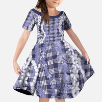 Hawaiian Ohia Lehua Lei Family Matching Off Shoulder Maxi Dress and Hawaiian Shirt Plaid Palaka Uliuli hohonu Pattern LT9 Daughter's Dress Navy - Polynesian Pride