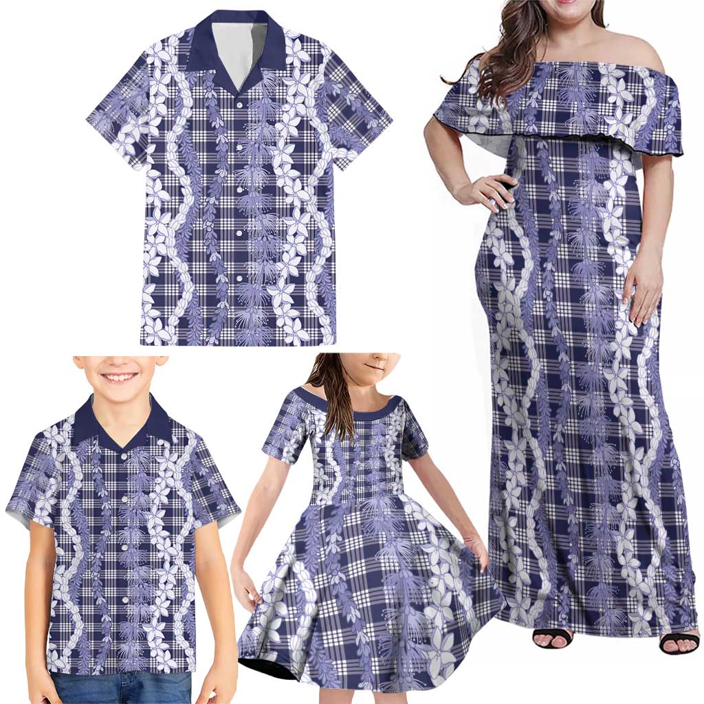 Hawaiian Ohia Lehua Lei Family Matching Off Shoulder Maxi Dress and Hawaiian Shirt Plaid Palaka Uliuli hohonu Pattern - Polynesian Pride