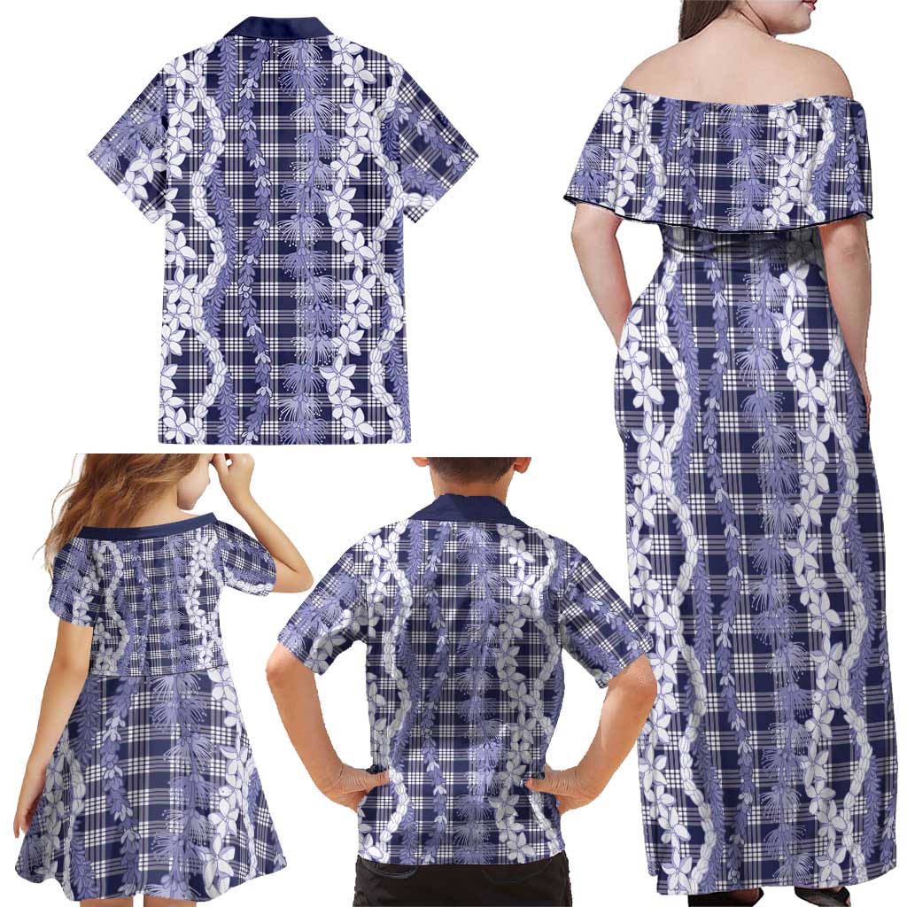 Hawaiian Ohia Lehua Lei Family Matching Off Shoulder Maxi Dress and Hawaiian Shirt Plaid Palaka Uliuli hohonu Pattern LT9 - Polynesian Pride