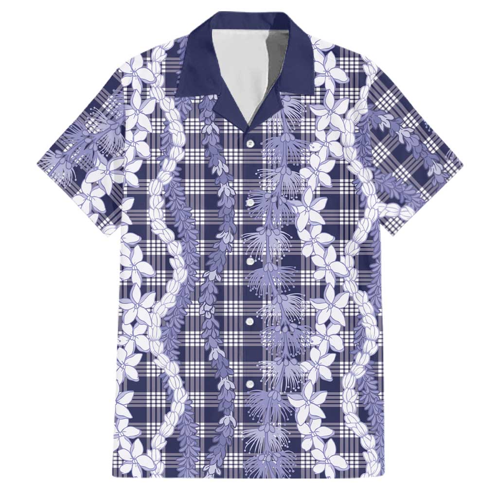 Hawaiian Ohia Lehua Lei Family Matching Off Shoulder Maxi Dress and Hawaiian Shirt Plaid Palaka Uliuli hohonu Pattern LT9 Dad's Shirt - Short Sleeve Navy - Polynesian Pride