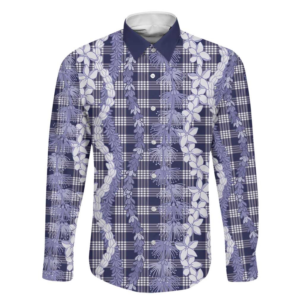Hawaiian Ohia Lehua Lei Family Matching Off Shoulder Maxi Dress and Hawaiian Shirt Plaid Palaka Uliuli hohonu Pattern LT9 Dad's Shirt - Long Sleeve Navy - Polynesian Pride