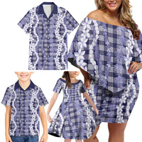 Hawaiian Ohia Lehua Lei Family Matching Off Shoulder Short Dress and Hawaiian Shirt Plaid Palaka Uliuli hohonu Pattern LT9 - Polynesian Pride