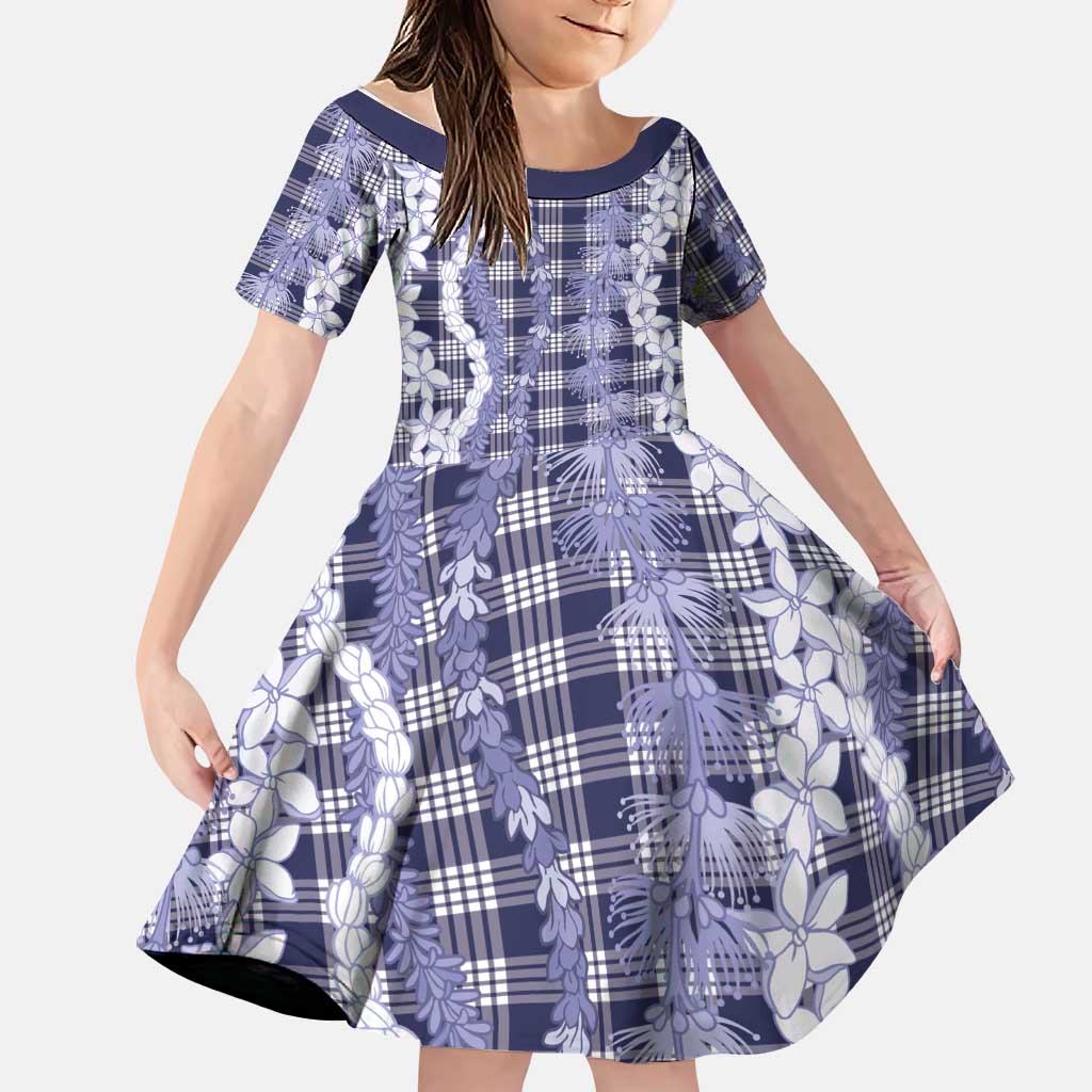Hawaiian Ohia Lehua Lei Family Matching Short Sleeve Bodycon Dress and Hawaiian Shirt Plaid Palaka Uliuli hohonu Pattern LT9 Daughter's Dress Navy - Polynesian Pride