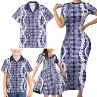 Hawaiian Ohia Lehua Lei Family Matching Short Sleeve Bodycon Dress and Hawaiian Shirt Plaid Palaka Uliuli hohonu Pattern LT9 - Polynesian Pride