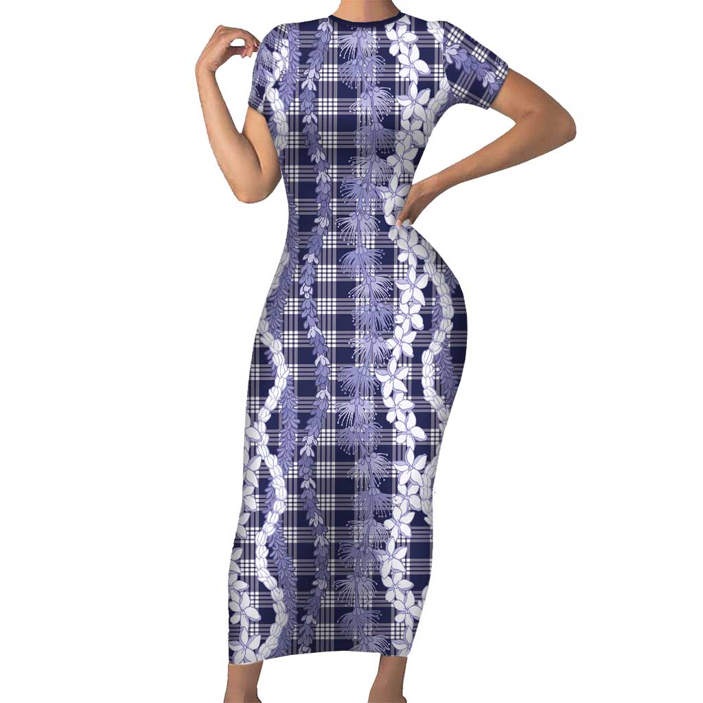 Hawaiian Ohia Lehua Lei Family Matching Short Sleeve Bodycon Dress and Hawaiian Shirt Plaid Palaka Uliuli hohonu Pattern LT9 Navy - Polynesian Pride