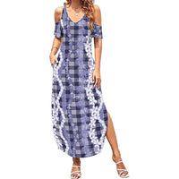 Hawaiian Ohia Lehua Lei Family Matching Summer Maxi Dress and Hawaiian Shirt Plaid Palaka Uliuli hohonu Pattern LT9 Navy - Polynesian Pride