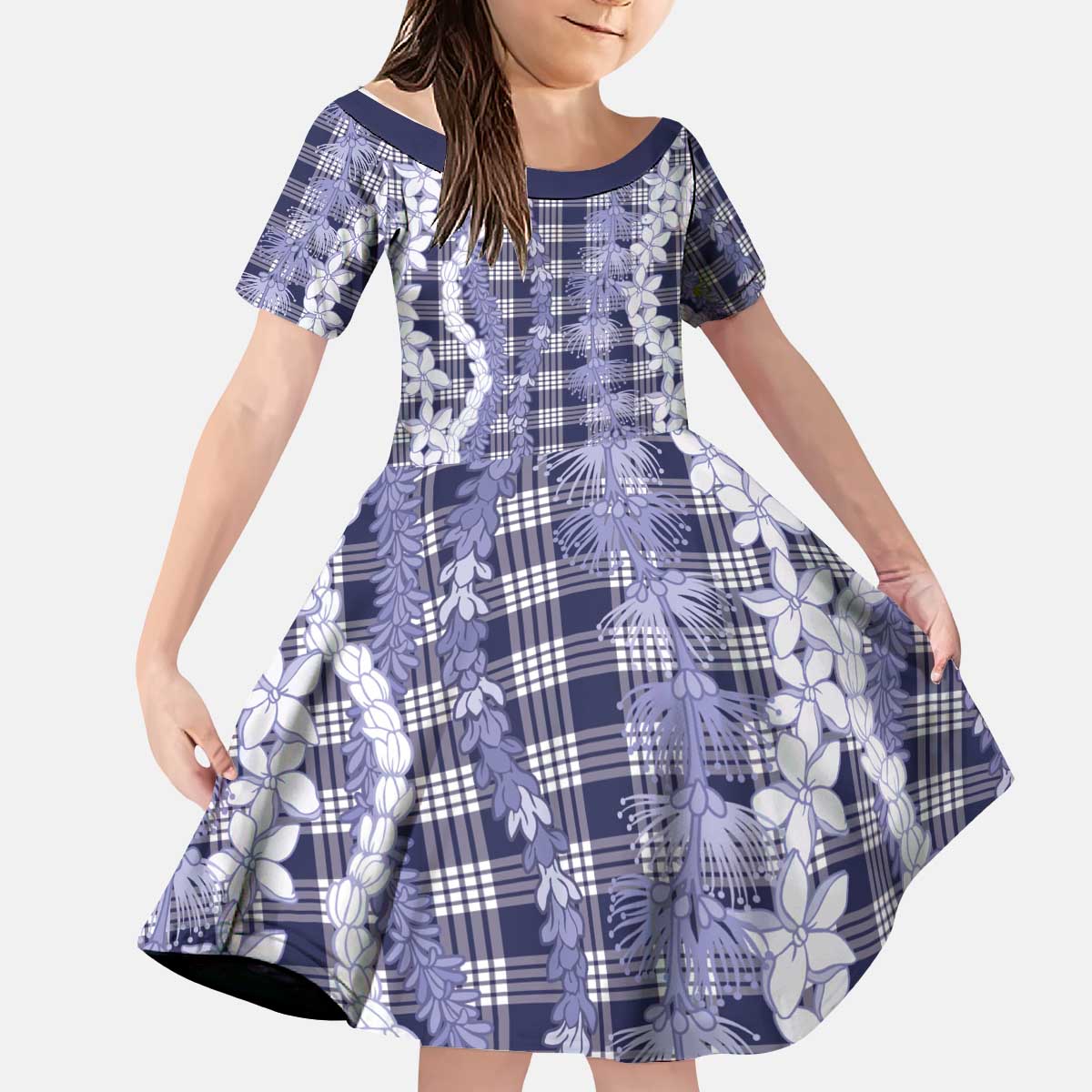 Hawaiian Ohia Lehua Lei Kid Short Sleeve Dress Plaid Palaka Uliuli hohonu Pattern - Polynesian Pride